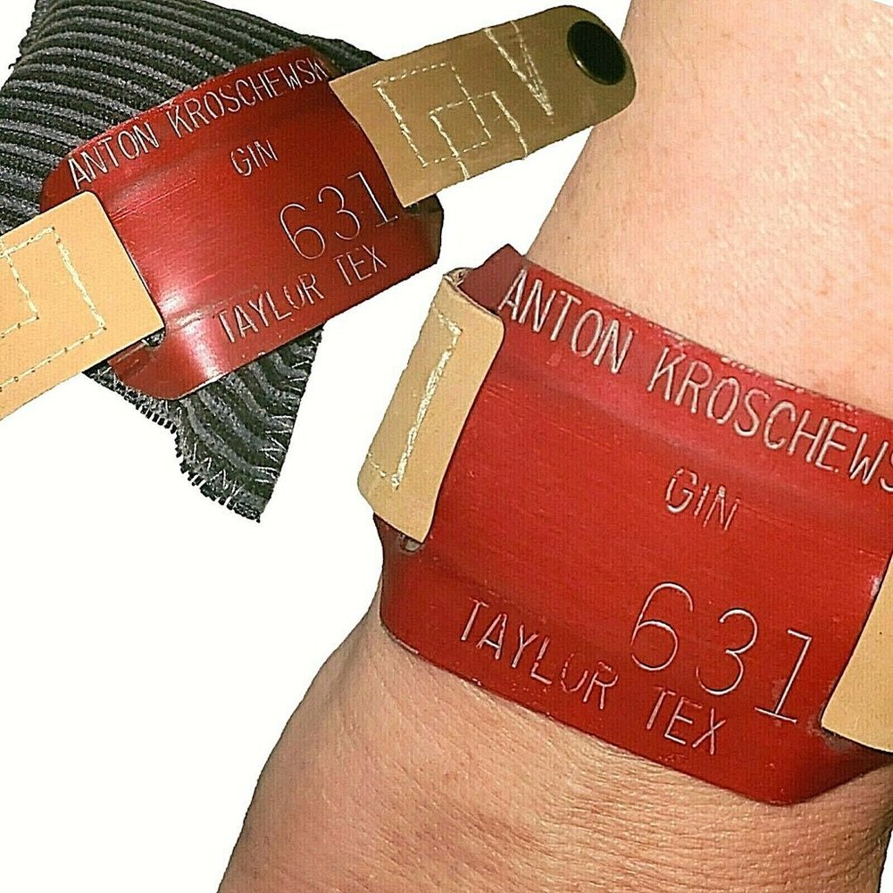 Leather Cuff Red Upcycled Vintage Cotton Bale Tag Slide Adjustable 2 Snaps